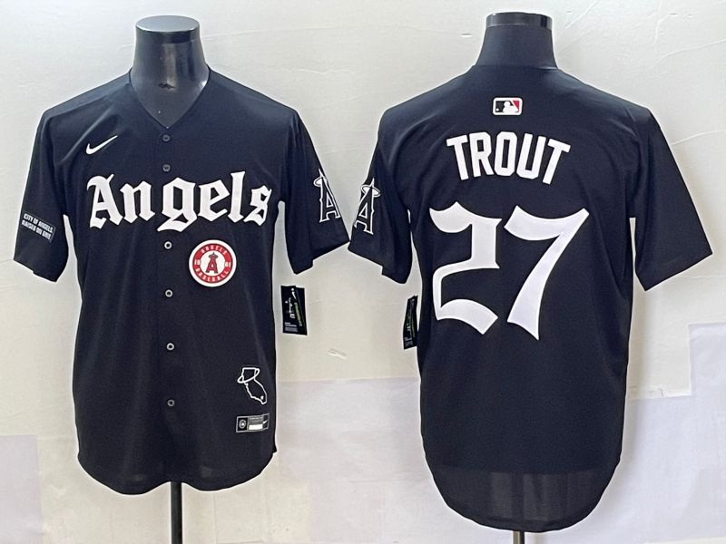 Men 2025 Los Angeles Angels #27 Trout Black Five generations Joint Name Nike MLB Jersey style 17
